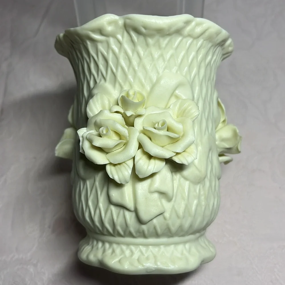 Vintage Cream Floral Relief Vase Shabby Chic Cottagecore Rose Decor